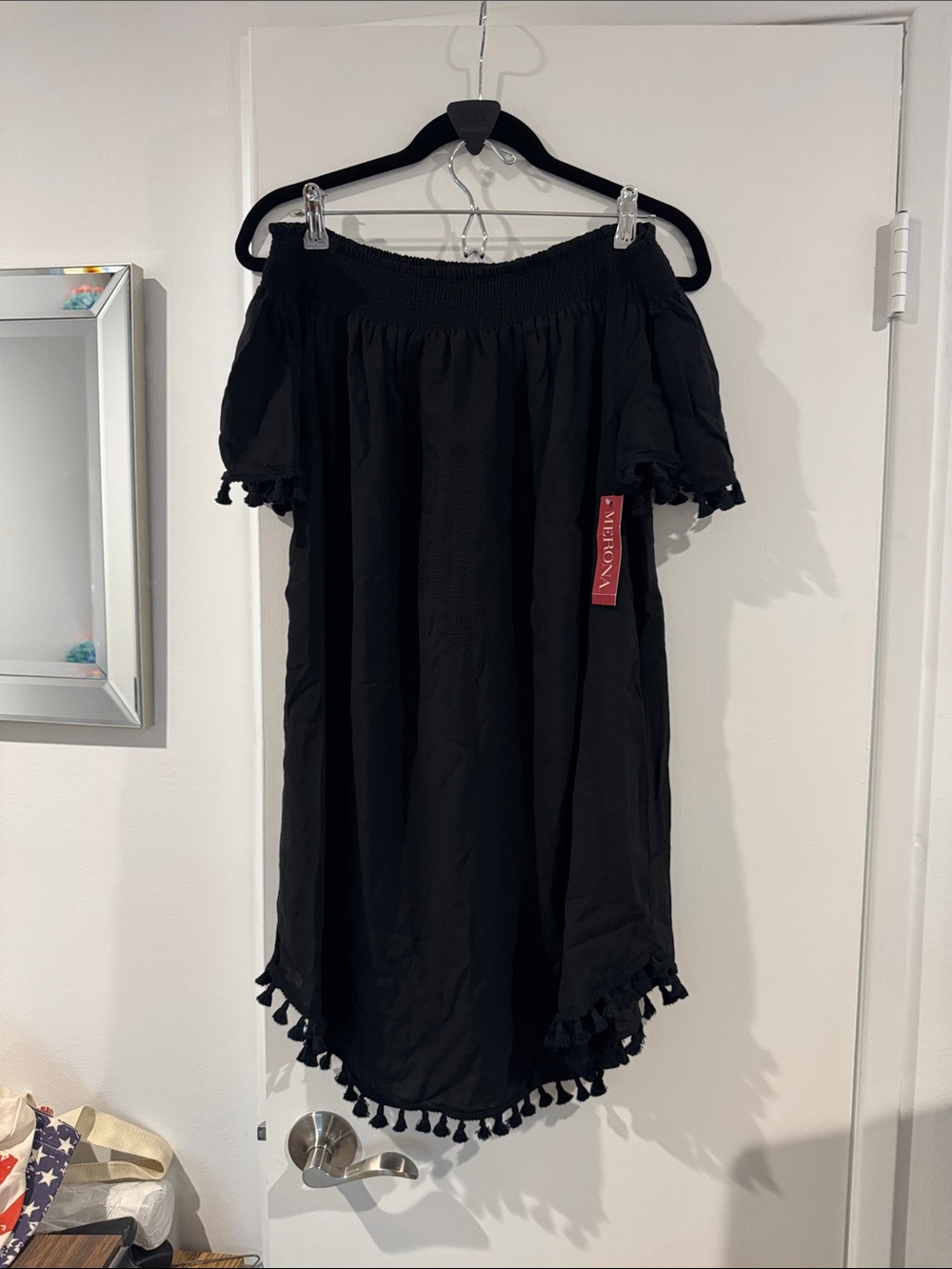 BNWT Merona Black Off-Shoulder Tassel Hem Dress/Cover up L/XL